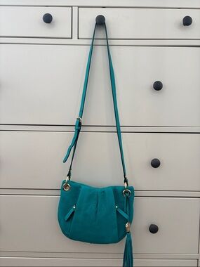 Teal Leather Crossbody Bag with Tassel